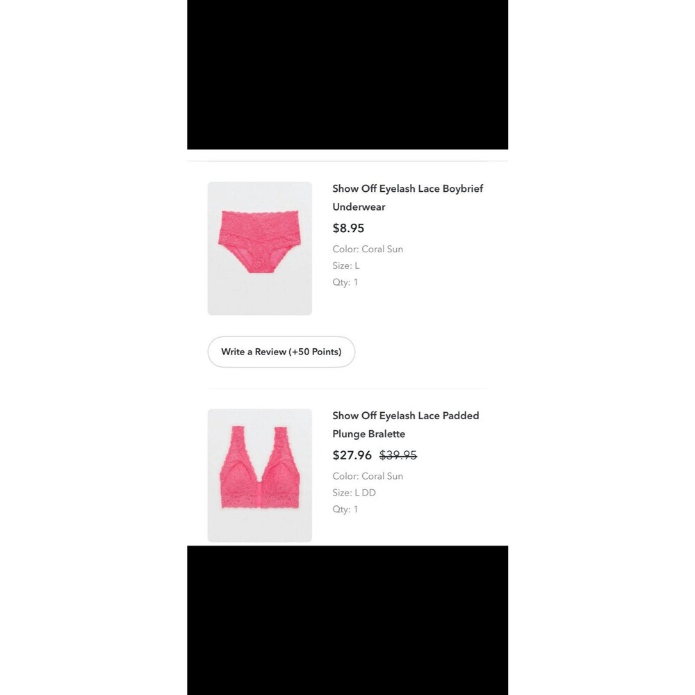 Aerie Show Off Eyelash Lace Padded Plunge Bralette & Boy Brief Sz. Large DD NWT